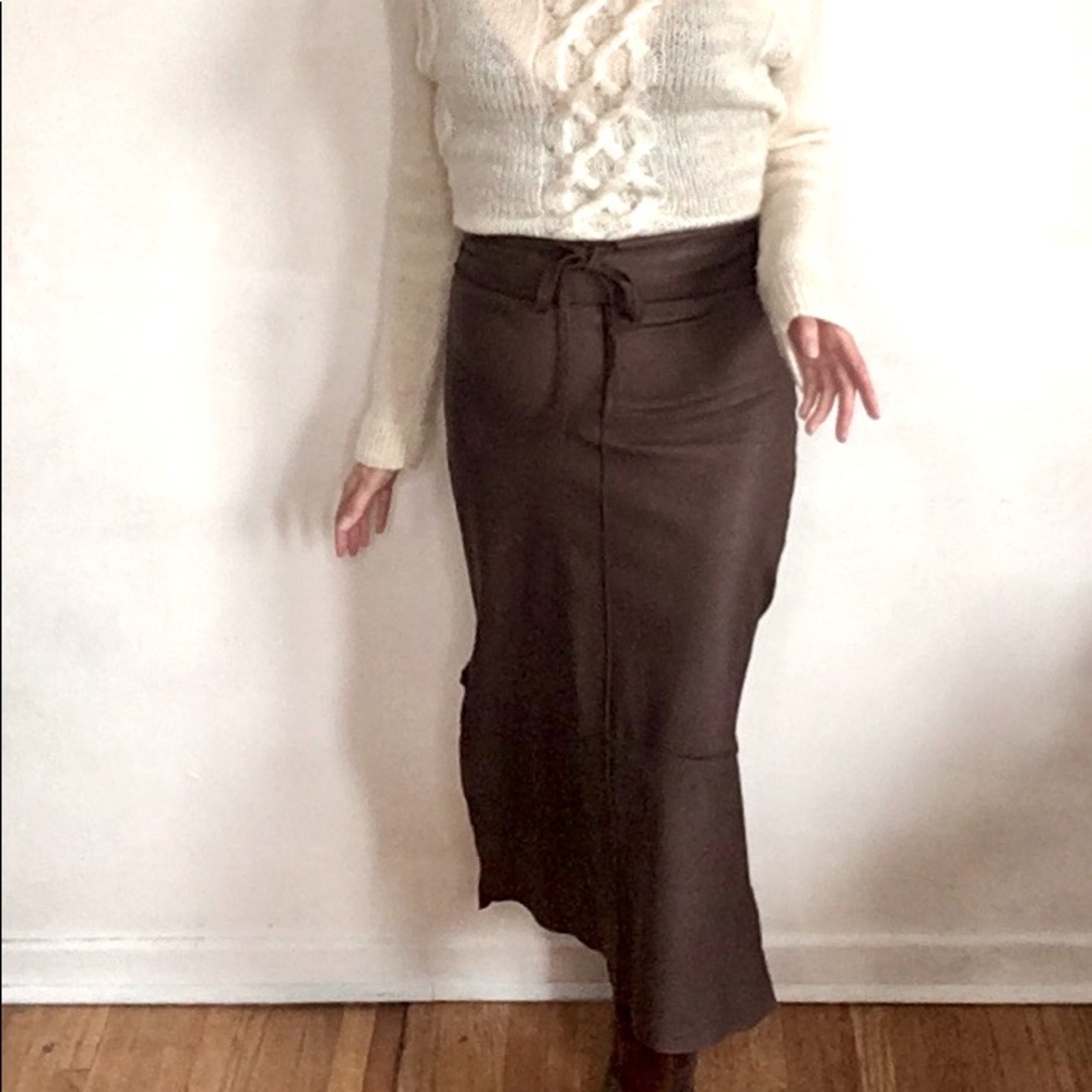 Long Chocolate Brown Leather Skirt Sz P fits 2/4/6